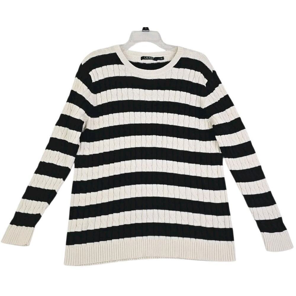 LAUREN BY RALPH LAUREN~Woman Sz L~Black/White Stripped Knit Sweater Cotton Blend